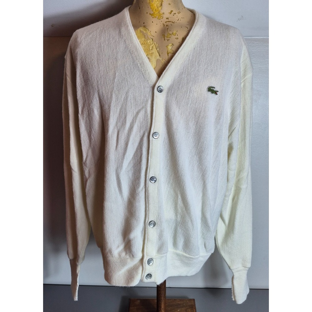 Vintage 1980s Izod Lacoste Mens Acrylic Cardigan Sweater XL Off-White